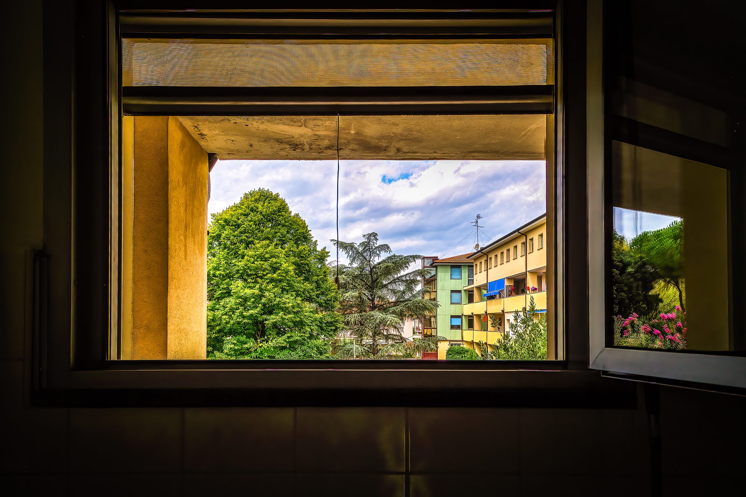 La finestra del bagno affacciata sugli alberi