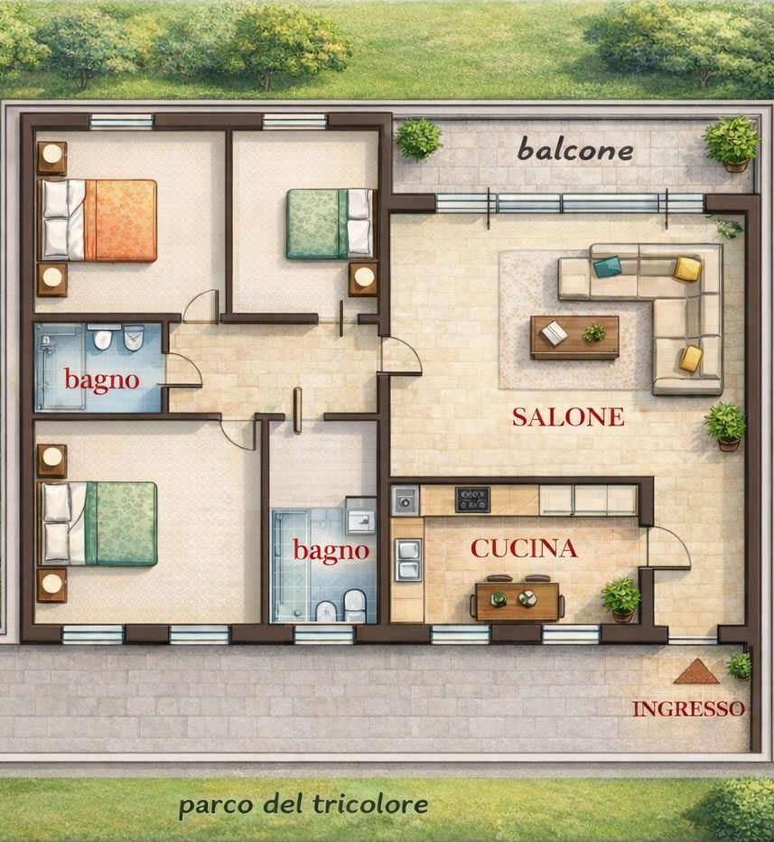 Planimetria dell'appartamento con la disposizione di salone, cucina, tre camere e due bagni