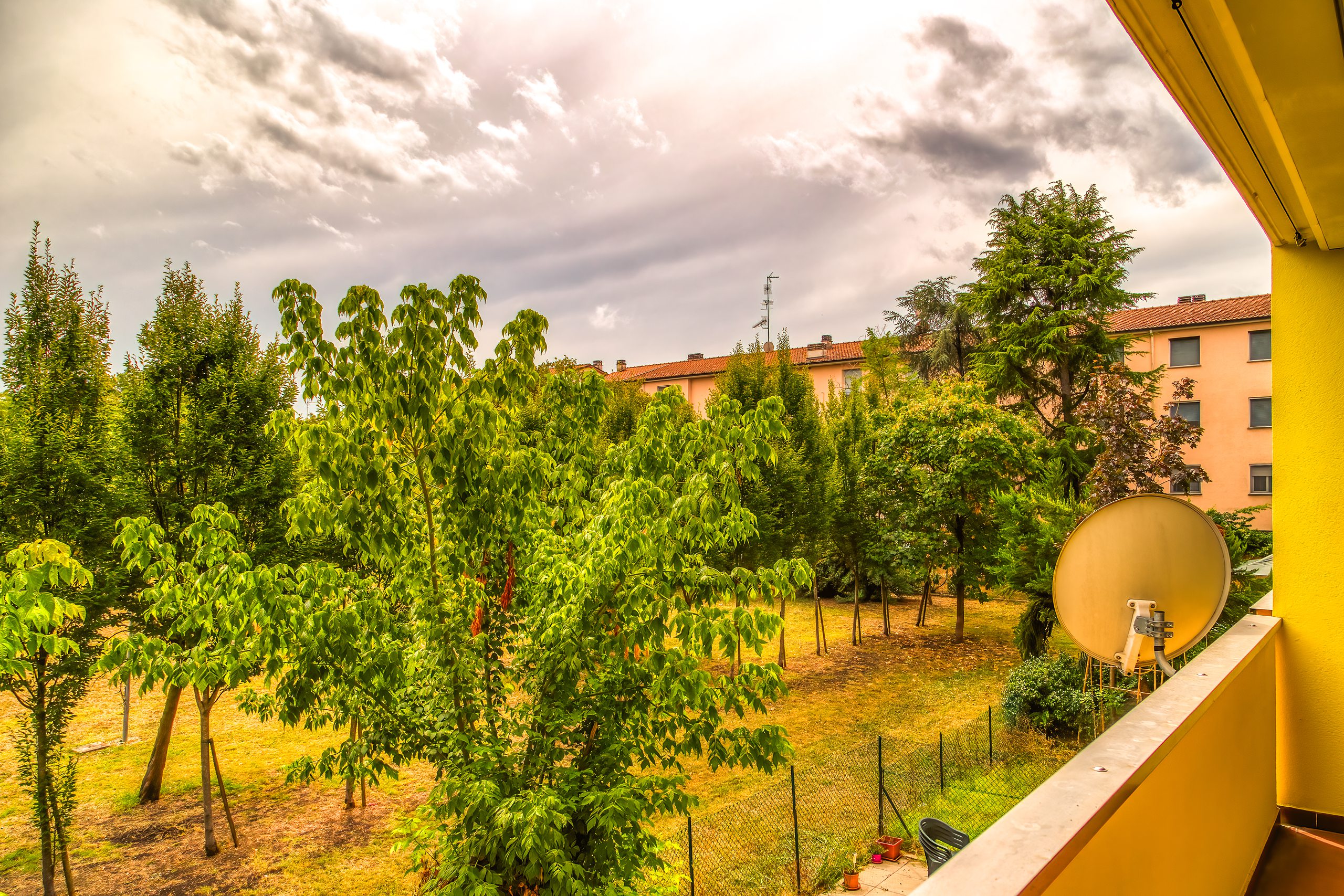 Scorcio del parco dal balcone, con il verde che arriva fin sotto casa