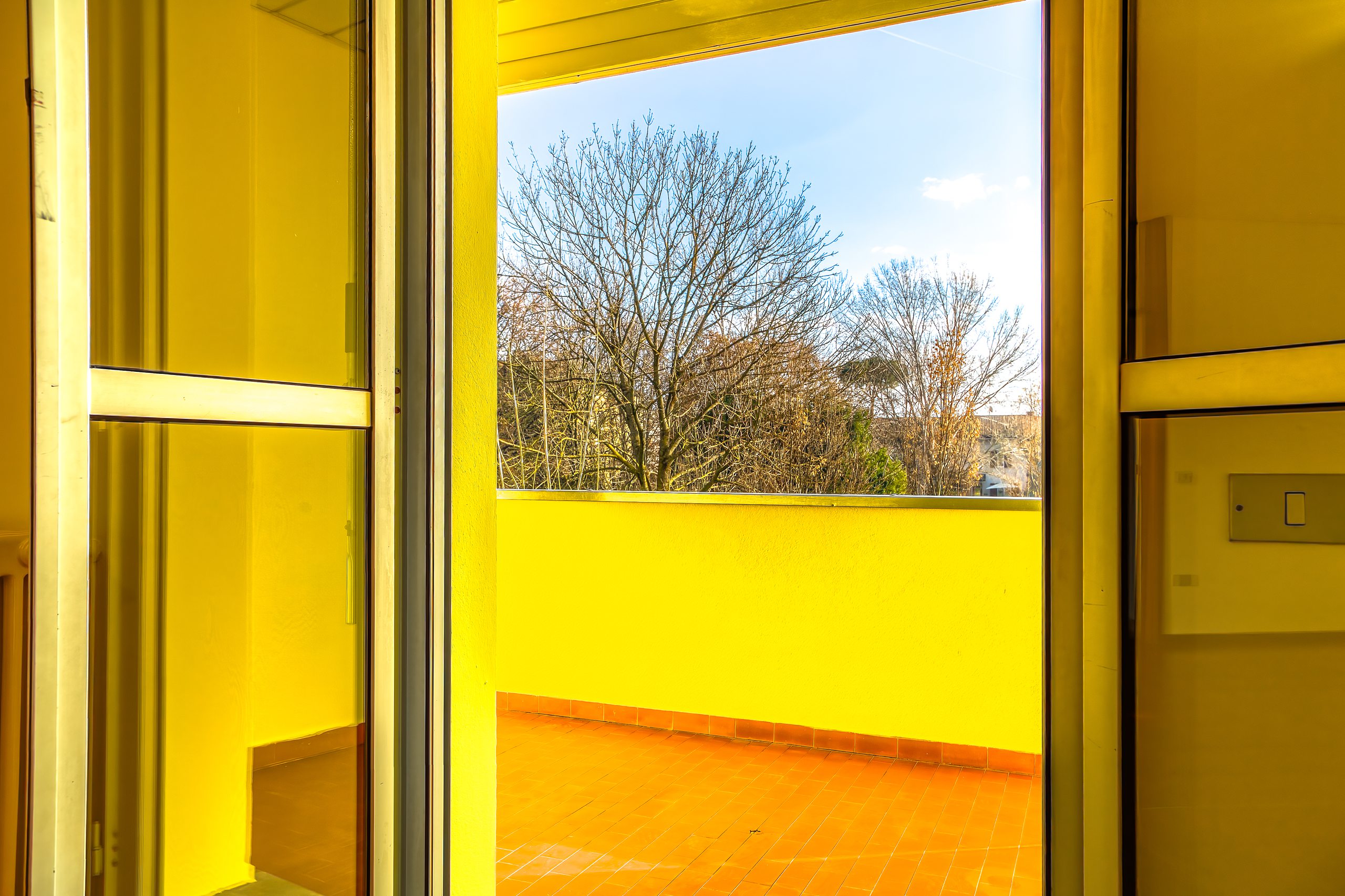 Il parco visto dall'interno, attraverso la porta-finestra
